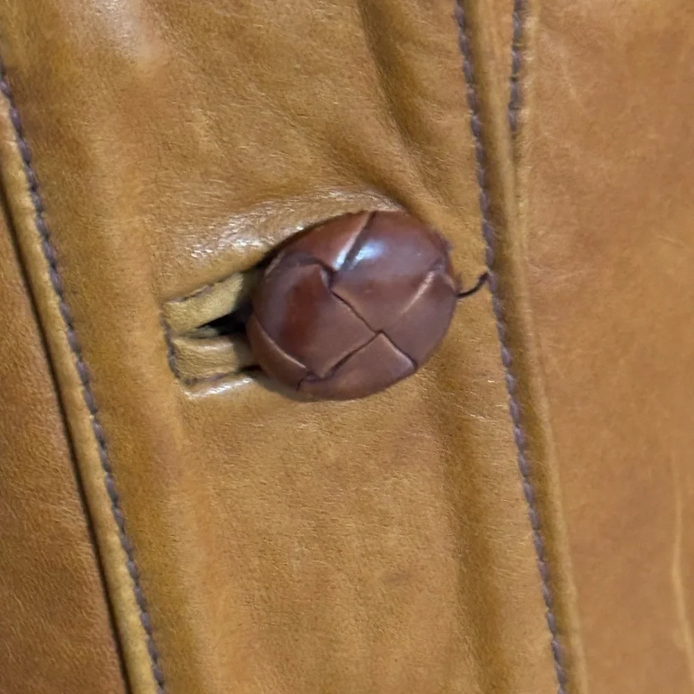 VINTAGE Mango Road Inc Leather Fur Jacket Trench Coat Long Penny Lane XS S Brown